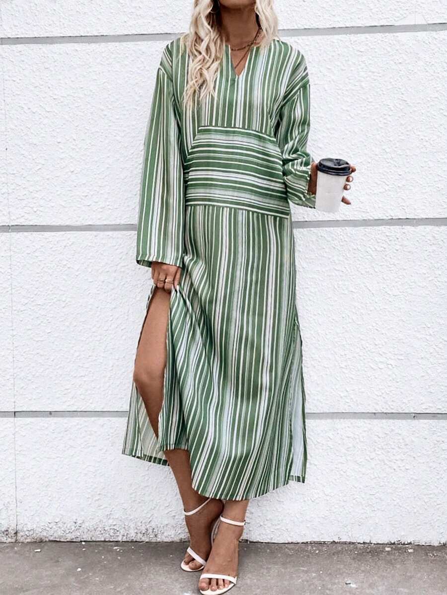 Breezaya Striped Print Split Thigh Dress Fall Cloth For Women - Mint Green - View 1