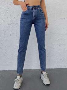 EURMUSE Jeans cónicos unicolor con bolsillo oblicuo - Azul lavado medio - Ver 5