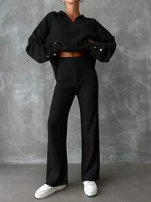 EURMUSE 2pcs/set Drop Shoulder Front Pocket Sweater And Knitted Pants - Black - View 4