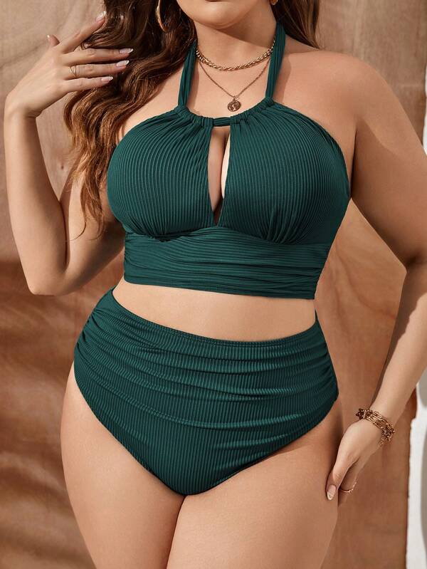 Swim Lushoire Große Größen gerafftes Halter Bikini Set für den Sommer am Strand