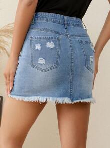 破洞毛邊牛仔半身裙 - 中等水洗藍 - 查看 2