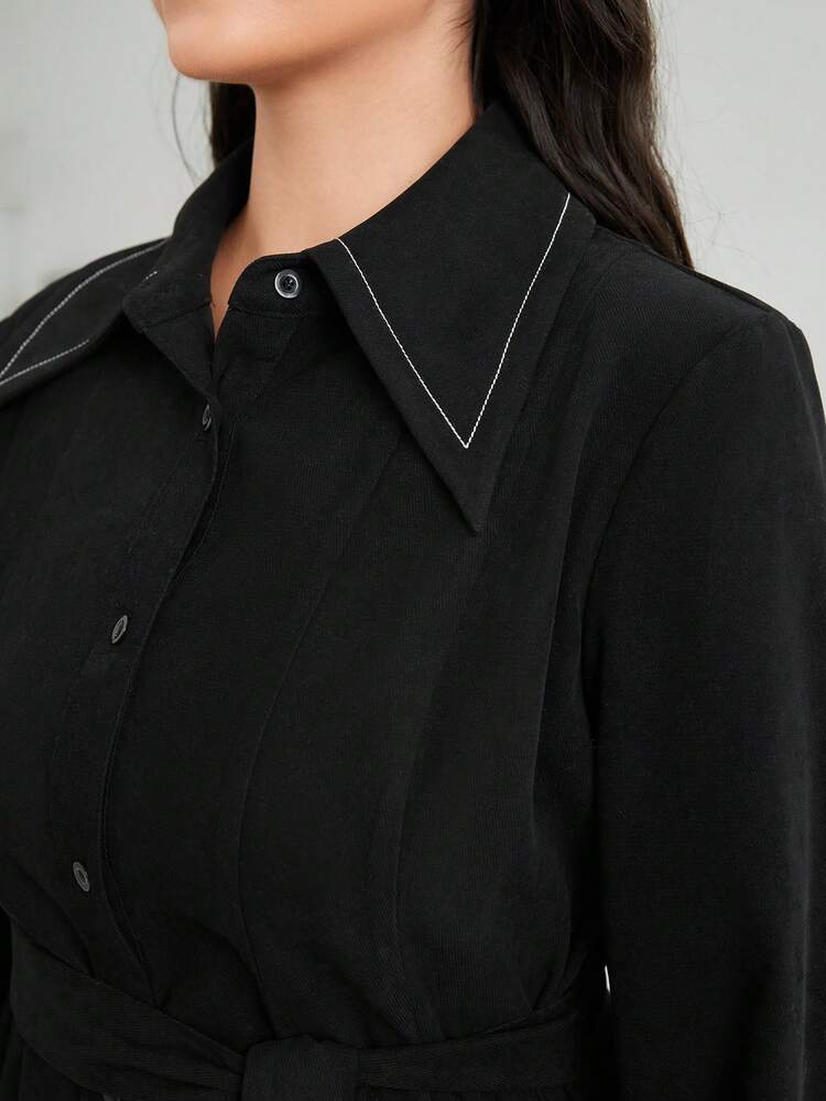 Plus Size Lantern Sleeve Belted Button Front Dress