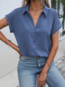 Wandoria Solid Batwing Sleeve Button Front Shirt - Dusty Blue - View 7