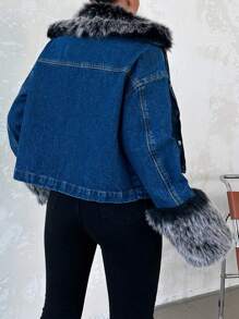 EURMUSE Women'S Long Sleeve Denim Jacket With Fluffy Collar - Blue - View 2