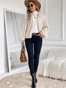 SHEIN LUNE 拉鏈開襟插肩袖毛絨夾克 - 杏色 - 查看 5