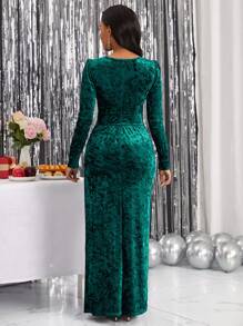 SHEIN Lady 女用天鵝絨開叉下擺連身裙 - 綠色 - 查看 3