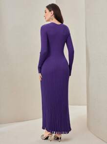 Modelyn Của phụ nữ Cổ vuông Màu thuần Vừa sát người Đồ đan Ribbed Viền tua Hem Đầm Áo len Không có Eo Thắt lưng - Màu tím - Xem 4