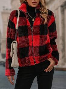 SHEIN LUNE In kẻ sọc Buffalo Thả vai Flannel Áo khoác - Đỏ - Xem 3