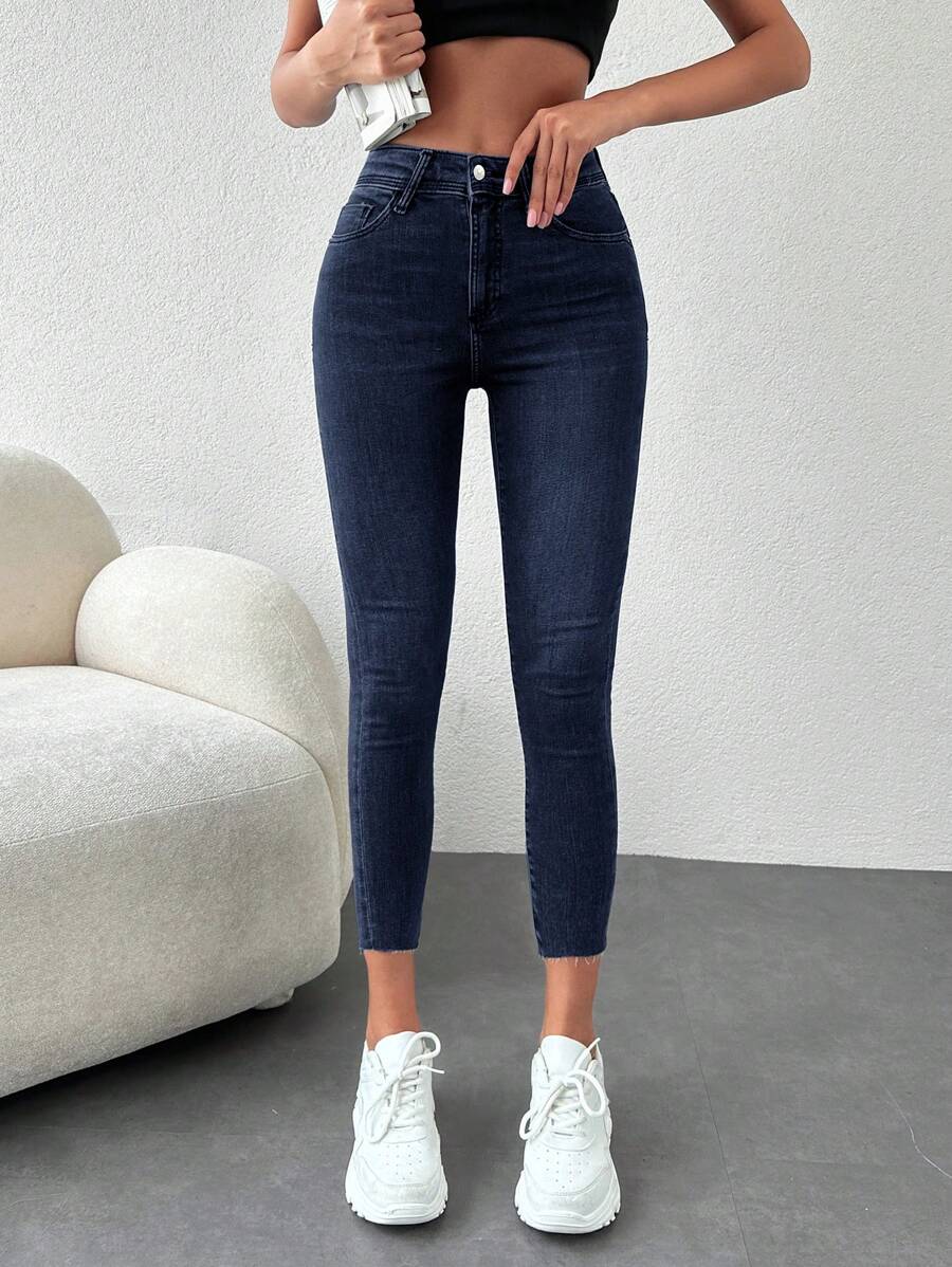 EURMUSE Plain Skinny Denim Trousers - Navy Blue - View 1
