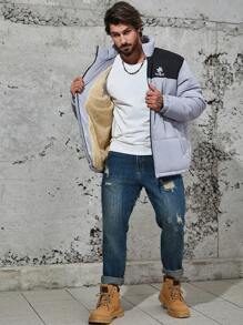 Manfinity Homme Abrigo acolchado con cremallera, bloque de color y gráfico de letras para hombre talla grande