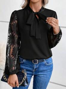 SHEIN Frenchy Contrast Lace Lantern Sleeve Tie Neck Blouse - Black - View 4