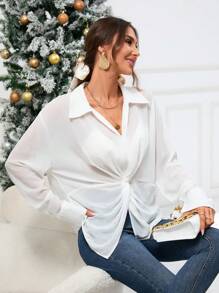 GENKIRA 前扭結落肩袖襯衫 - 白色 - 查看 7