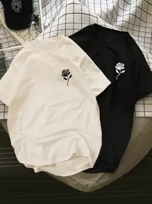 Claim Dot Men 2pcs Rose Print High Low Hem Tee - Multicolor - View 1