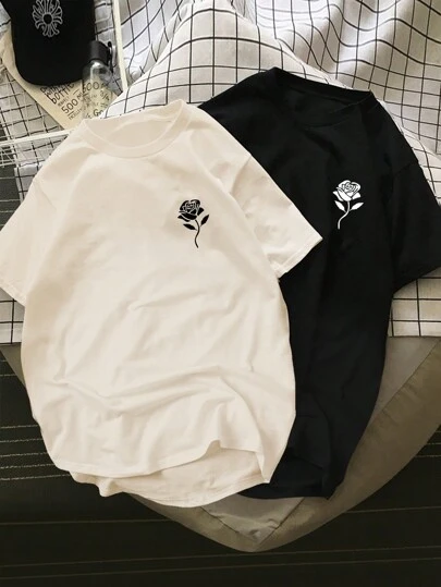 Claim Dot Men 2pcs Rose Print High Low Hem Tee