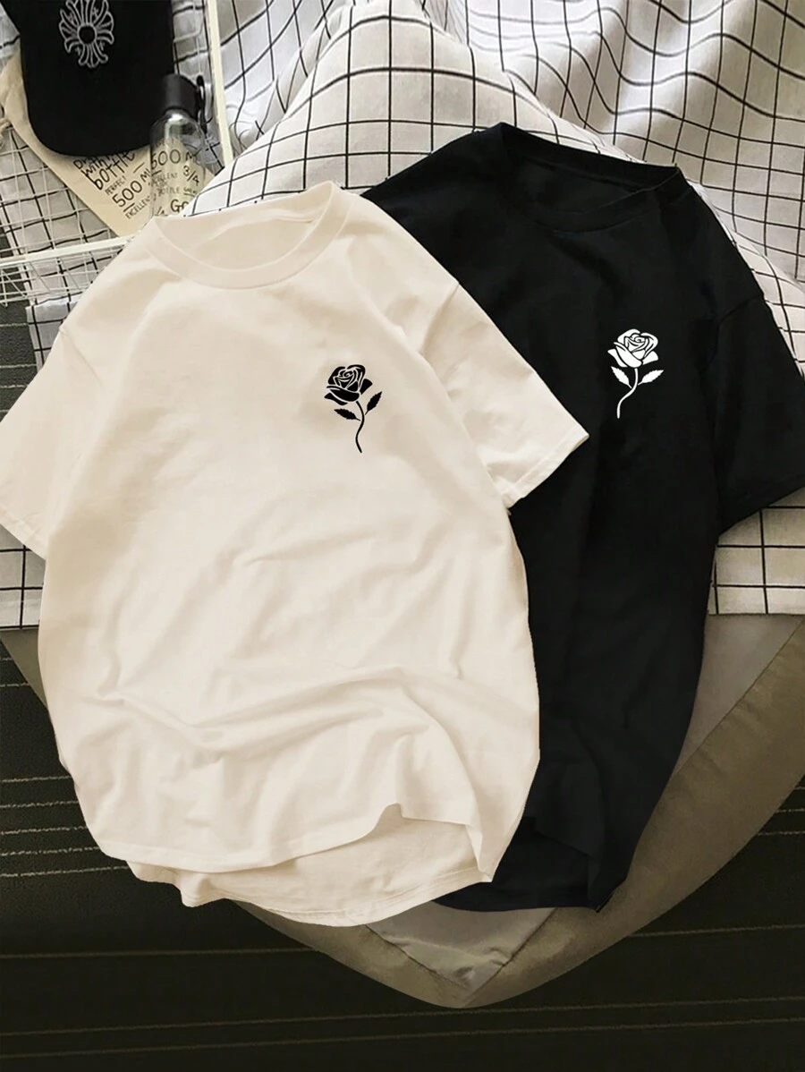 Claim Dot Men 2pcs Rose Print High Low Hem Tee - Multicolor - View 1