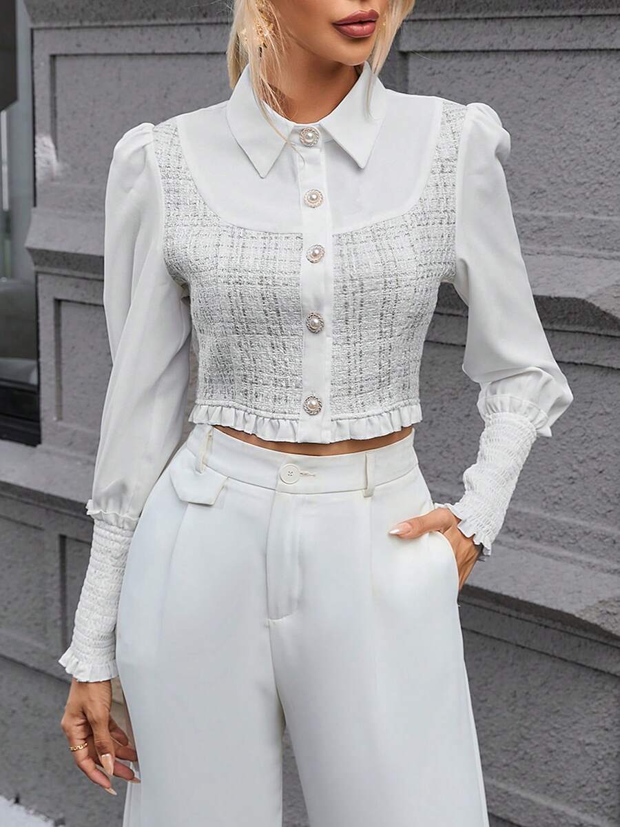 SHEIN Privé 格紋圖案前紐扣二合一短款襯衫 - 白色 - 查看 1