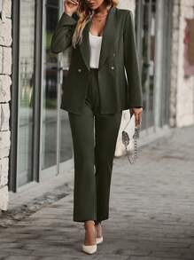 SHEIN Clasi 素色青果領雙排釦西裝外套和褲子 - 軍綠色 - 查看 4