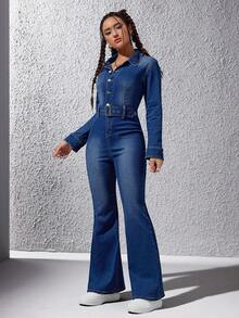 SHEIN ICON Button Front Belted Flare Leg Denim Jumpsuit - Medium Wash - View 6