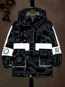 SHEIN Tween Boy Reflective Letter Graphic Hooded Coat - Black - View 1