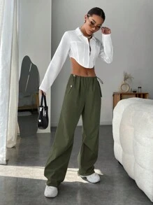 SHEIN EZwear 素色腰部抽繩闊腿褲 - 軍綠色 - 查看 3