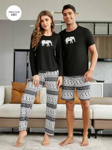 1pc Elephant Print Sleep Tee & 1pc Sleep Pants - Black - View 1
