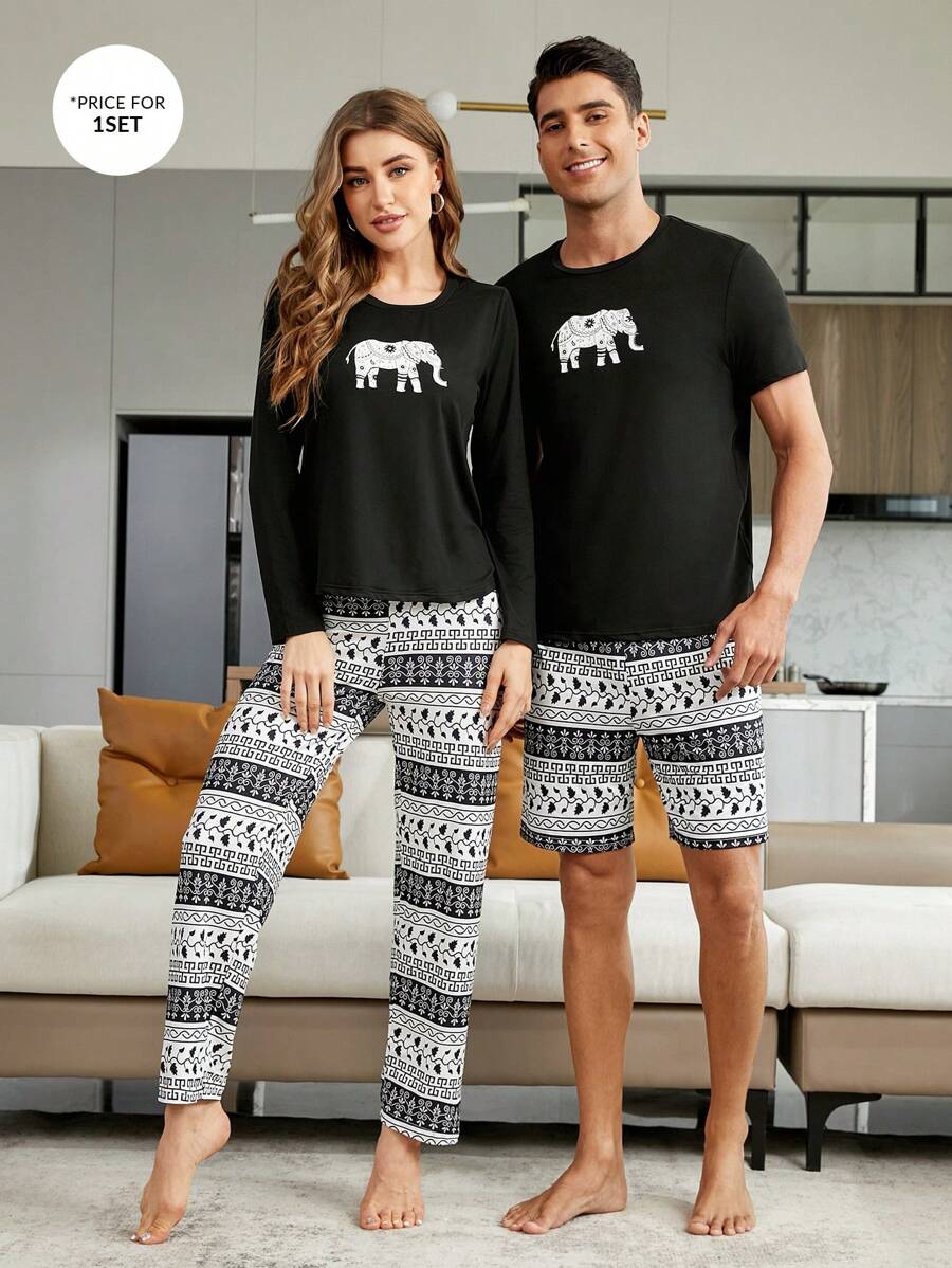 1pc Elephant Print Sleep Tee & 1pc Sleep Pants - Black - View 1
