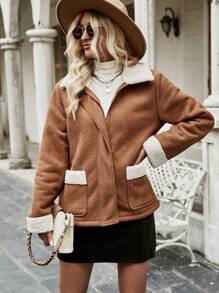 SHEIN LUNE 羊絨領口雙口袋落肩袖毛絨內襯夾克