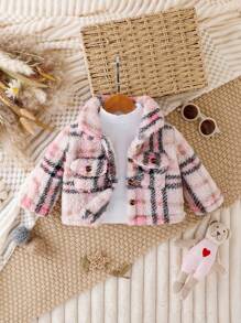 男嬰格紋印花翻蓋口袋搖粒絨外套無毛衣 - 粉色 - 查看 1