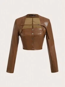 SHEINNeu 前鏤空PU皮革短款上衣 - 棕色 - 查看 1