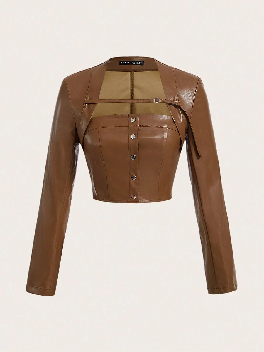 SHEINNeu 前鏤空PU皮革短款上衣 - 棕色 - 查看 1