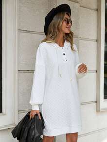 SHEIN LUNE Nút Nửa Thả vai Dây rút Đầm có mũ - trắng - Xem 4