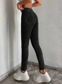 SHEIN Cottnline High Waisted Skinny Denim Jeans - Hitam - View 2
