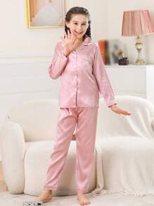 Girls Satin Pajama Set Long Pants Silk Button Style Long Sleeved Contrast Edging Cardigan Top Suitable For Children Aged 8-13 Spring And Autumn Two Piece Sets Loungewear - Red - View 5
