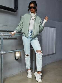 Eilly Bazar Slant Pockets Baseball Collar Padded Coat - Mint Green - View 6