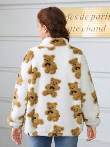 Teen Girl Bear Print Drop Shoulder Fleece Jacket - Multicolor - View 2