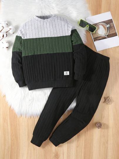 SHEIN Tween Boy Colorblock Letter Patched Detail Tee & Sweatpants