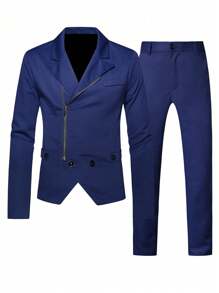 Calvornis Men Zip Up Blazer & Suit Pants - Navy Blue - View 1