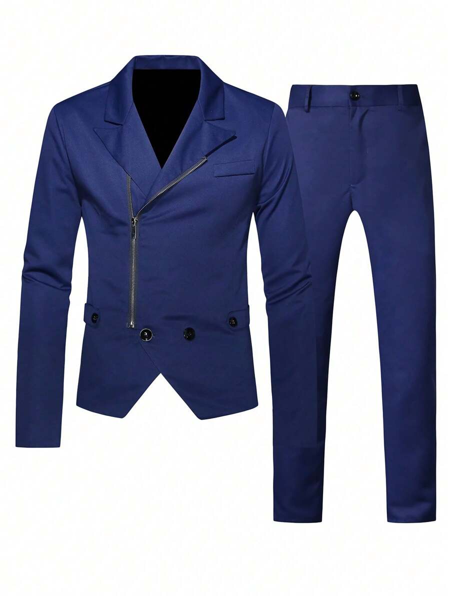 Calvornis Men Zip Up Blazer & Suit Pants - Navy Blue - View 1