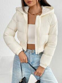 SHEIN PETITE Casual Solid Color Hooded Cropped Winter Jacket - Beige - View 1