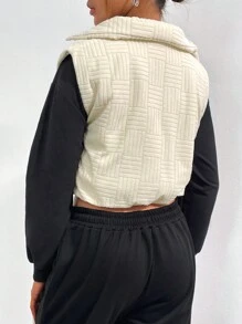 Chiquease Casual Solid Textured Zip Up Crop Vest Coat - Apricot - View 3