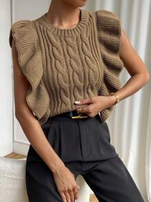 Chiquease Xoắn Dan Viền Ruffle Áo len vest - Cà phê nâu - Xem 4