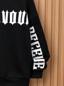 SHEIN 1件青少年男童字母图案袋鼠口袋落肩卫衣 - 黑色 - 查看 4