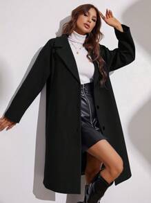 EMERY ROSE Lapel Neck Button Front Overcoat - Black - View 3