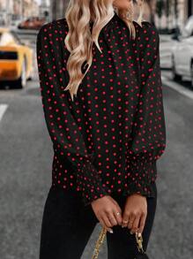 SHEIN Clasi Blusa de manga farol de cuello camisero con estampado de lunares, blusas de manga larga - Negro - Ver 3