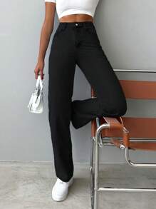 EURMUSE 100%Cotton Women's Slant Pocket Casual Straight Cut Jeans - Black - View 4