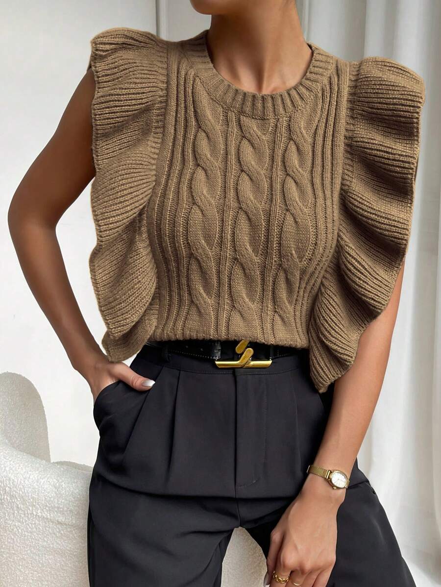 Chiquease Xoắn Dan Viền Ruffle Áo len vest - Cà phê nâu - Xem 1