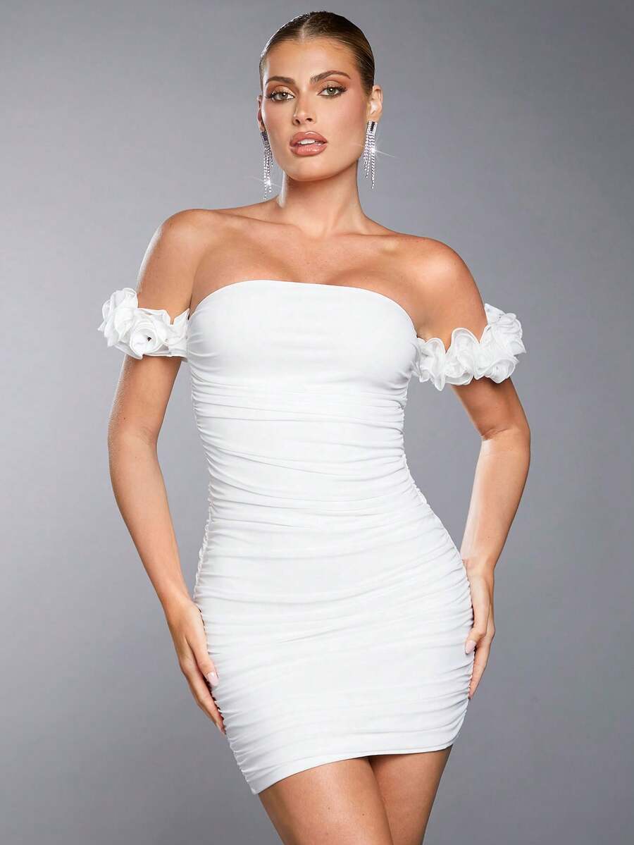 SHEIN BAE Off Shoulder Viền Ruffle Xù Váy bodycon - trắng - Xem 1