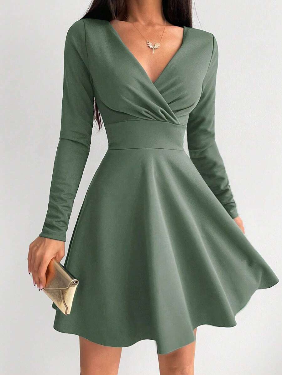 EURMUSE Solid Surplice Neck Dress - Dusty Blue - View 1