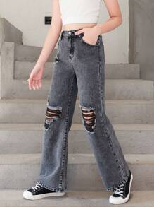 Cô gái Tween Rách Quần legging thẳng - Màu xám đen - Xem 6