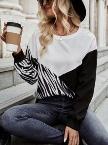 斑馬條紋撞色落肩袖運動衫 - 黑與白 - 查看 6